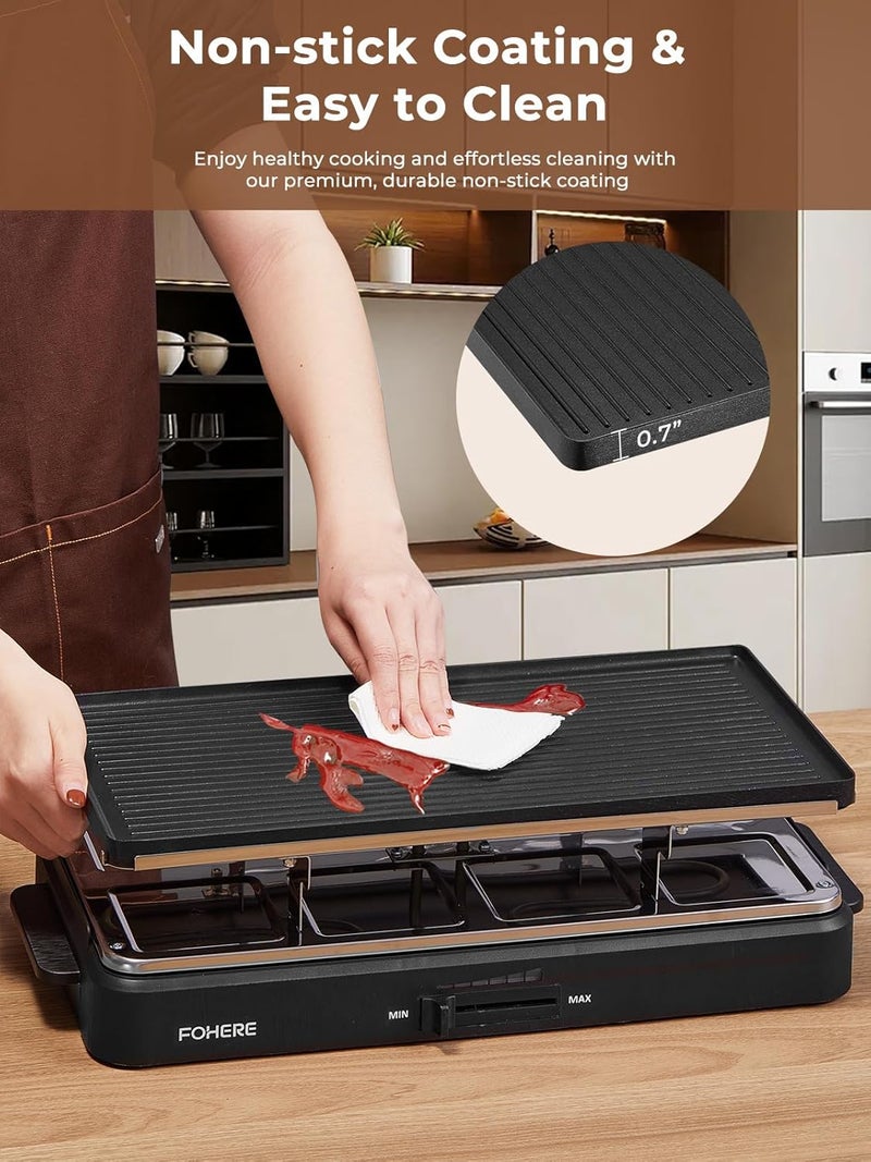 FOHERE Raclette Grill, 2 in 1 Raclette Table Grill Indoor, 1500W Korean BBQ Grill Electric Griddle with Reversible Non-stick plate, Adjustable Temp Control and 8 Paddles for Parties and Family Fun - Image 5